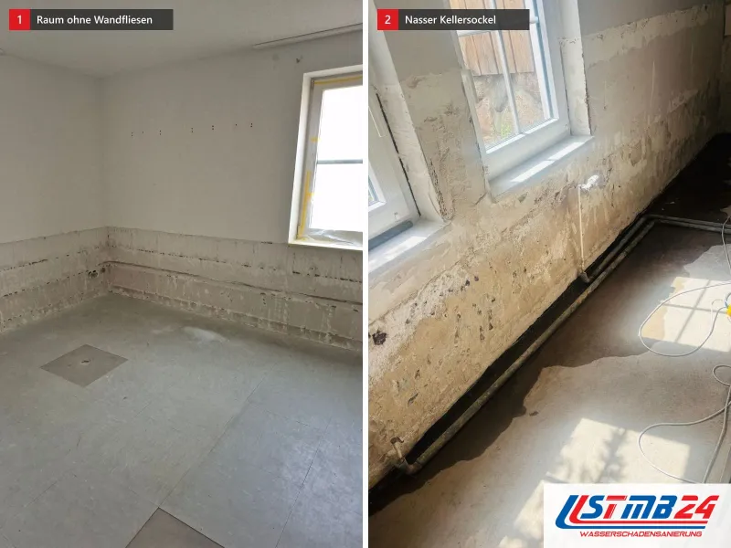 Zwei Ansichten: Raum mit abgeschlagenen Wandfliesen, daneben Kellerwand unter zwei Fenstern mit abgeschlagenem Putz und nassem Sockel
