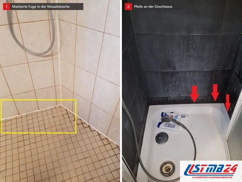 Zwei Ansichten: Dusche mit beigen Wandfliesen und gelb markierter Anschlussfuge, daneben weiße Duschtasse mit drei roten Pfeilen auf die Fuge zur Wand