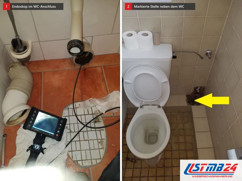 Zwei Ansichten: abgebautes WC mit Videoendoskop im Anschluss und Monitor, daneben Stand-WC mit gelbem Pfeil auf eine geöffnete Stelle