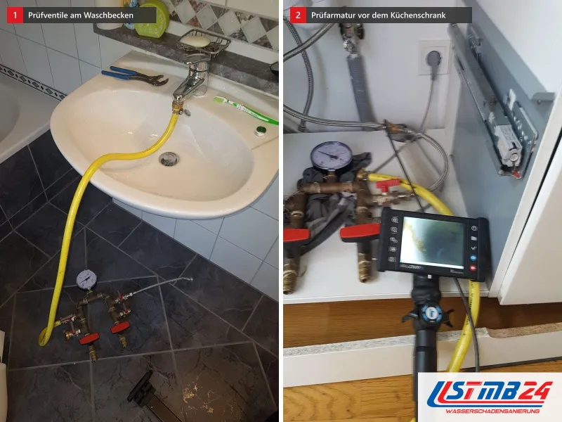 Zwei Ansichten: Waschbecken mit gelbem Schlauch zu Prüfventilen auf dunklen Fliesen, daneben Prüfarmatur mit Manometer vor einem Küchenunterschrank