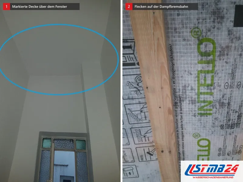 Zwei Ansichten: blau umkreiste Deckenfläche über einem Sprossenfenster, daneben graue Schimmelflecken auf der Dampfbremsbahn einer offenen Decke