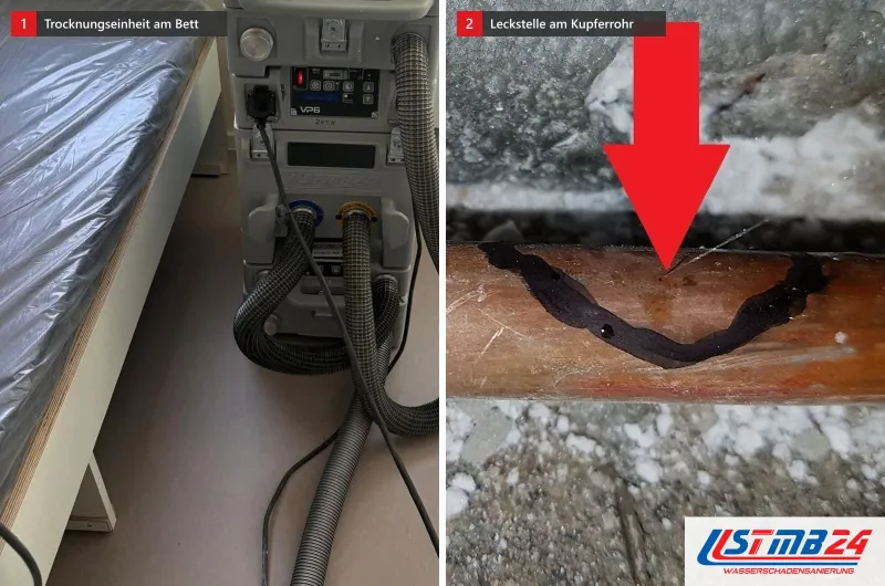 Zwei Bilder: Trocknungseinheit mit Schläuchen neben einem abgedeckten Bett und ein Kupferrohr im geöffneten Estrich unter einem roten Pfeil