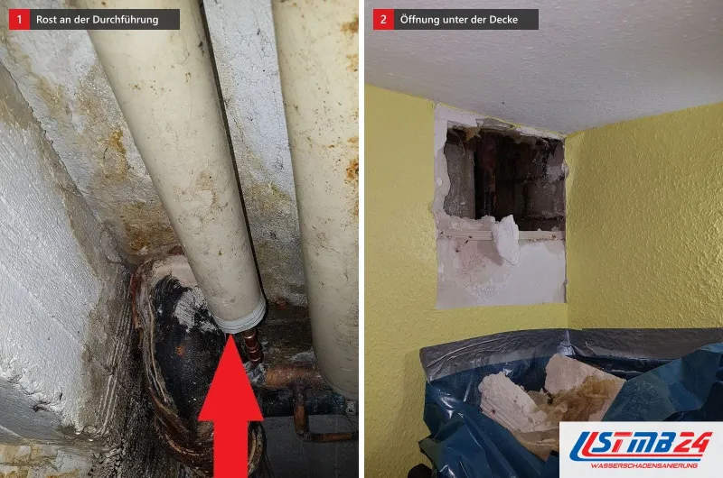 Zwei Bilder: gedämmte Rohre an der Kellerdecke, ein roter Pfeil auf Rost an der Durchführung, und eine gelbe Wand mit Öffnung unter der Decke