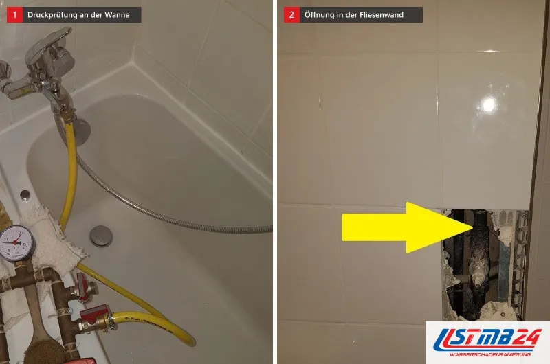 Zwei Bilder: Prüfarmatur mit Manometer und gelbem Schlauch an der Badewanne und ein gelber Pfeil auf eine geöffnete Stelle in der Fliesenwand