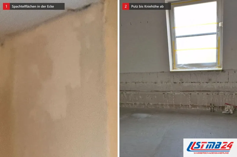 Zwei Bilder: Wandecke mit fleckig hellen Spachtelflächen und ein Raum mit abgeschlagenem Putz bis Kniehöhe, unten freigelegte Leitungen