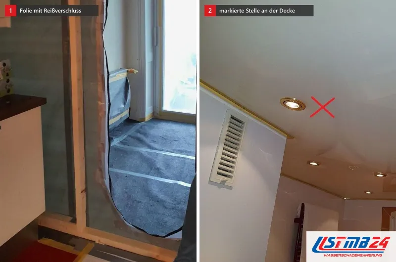 Zwei Bilder: Lattengerüst mit Folie und Reißverschluss und eine Baddecke mit Einbauleuchte und Lüftungsgitter, rot markiert eine Stelle