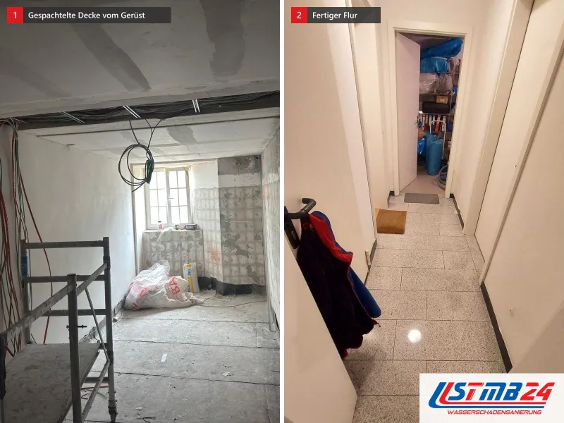 Zwei Ansichten: Gang mit Rollgerüst unter frisch gespachtelter Decke und hängenden Kabeln, daneben langer schmaler Flur nach der Arbeit