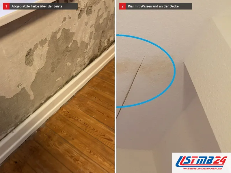 Zwei Ansichten: Wand über weißer Sockelleiste mit großflächig abgeplatzter Farbe, daneben helle Decke mit Riss und blau umkreistem Wasserrand