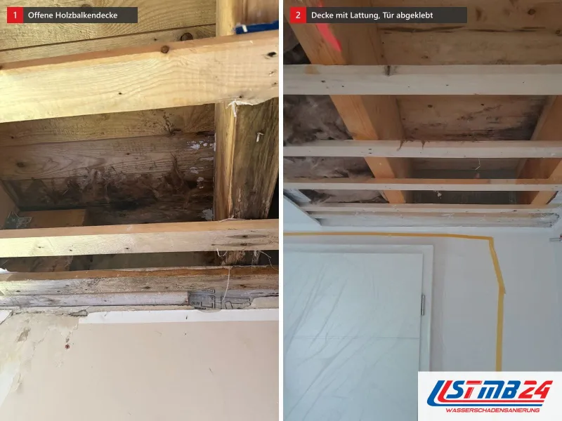 Zwei Ansichten: offene Holzbalkendecke mit dunklen Bohlen, daneben offene Decke mit Lattung und gelb abgeklebter Tür