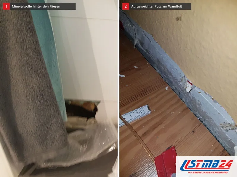 Zwei Ansichten: geöffnete Badwand, aus der gelbe Mineralwolle quillt, daneben Wandfuß mit abgenommener Sockelleiste, aufgeweichtem Putz und Zollstock