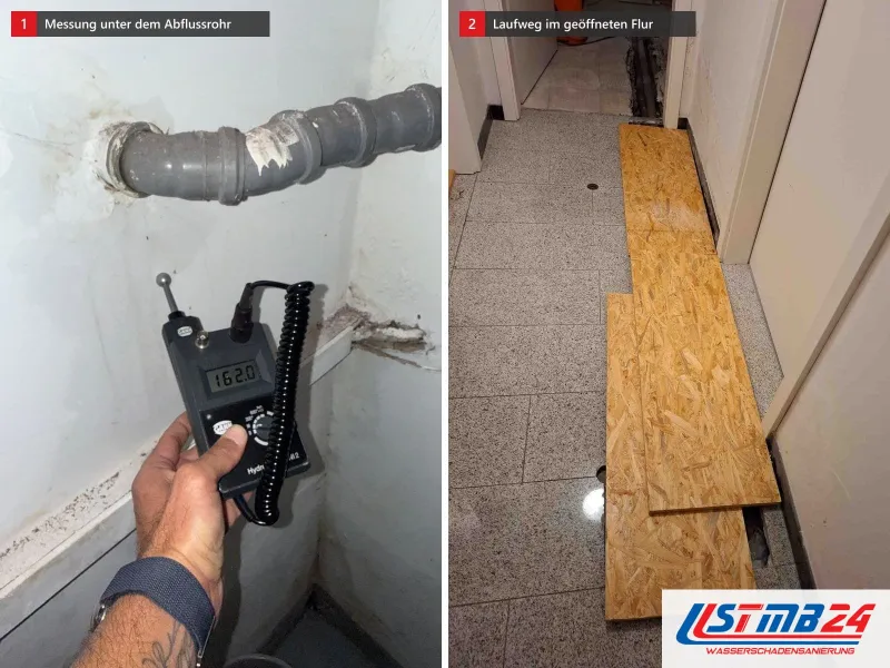 Zwei Ansichten: Feuchtemessgerät mit 162,0 unter einem grauen Abflussrohr, daneben Flur mit Granitboden und OSB-Platten als Laufweg über der Öffnung