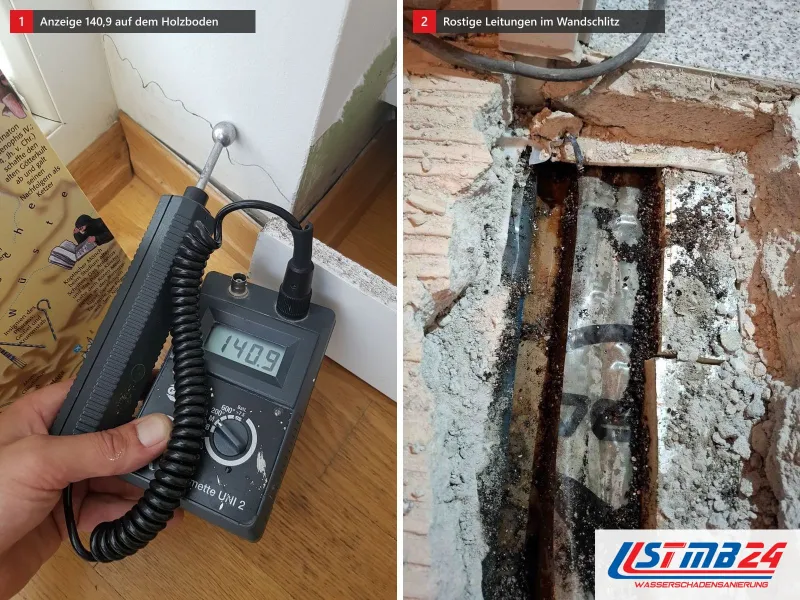 Zwei Ansichten: Feuchtemessgerät mit 140,9 auf einem Holzboden in der Zimmerecke, daneben aufgestemmter Wandschlitz mit zwei rostigen Leitungen