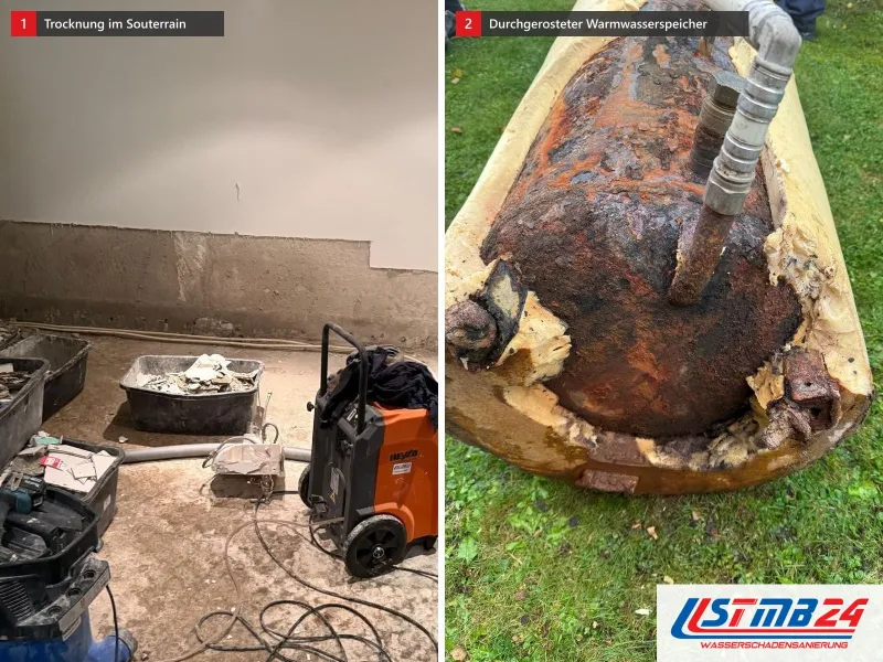 Zwei Ansichten: Souterrain mit orangefarbenem Bautrockner und abgeschlagenem Sockelputz, daneben ausgebauter Speicher mit durchgerostetem Stahl