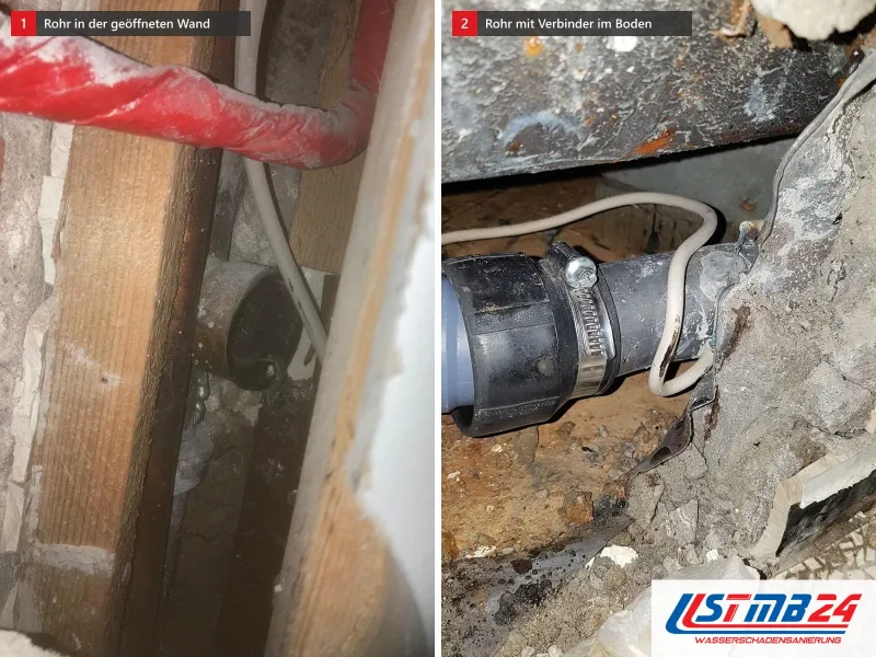Zwei Ansichten: geöffnete Wand mit Holzbalken und rotem Rohr, daneben freigelegtes schwarzes Rohr mit Verbinder im geöffneten Boden