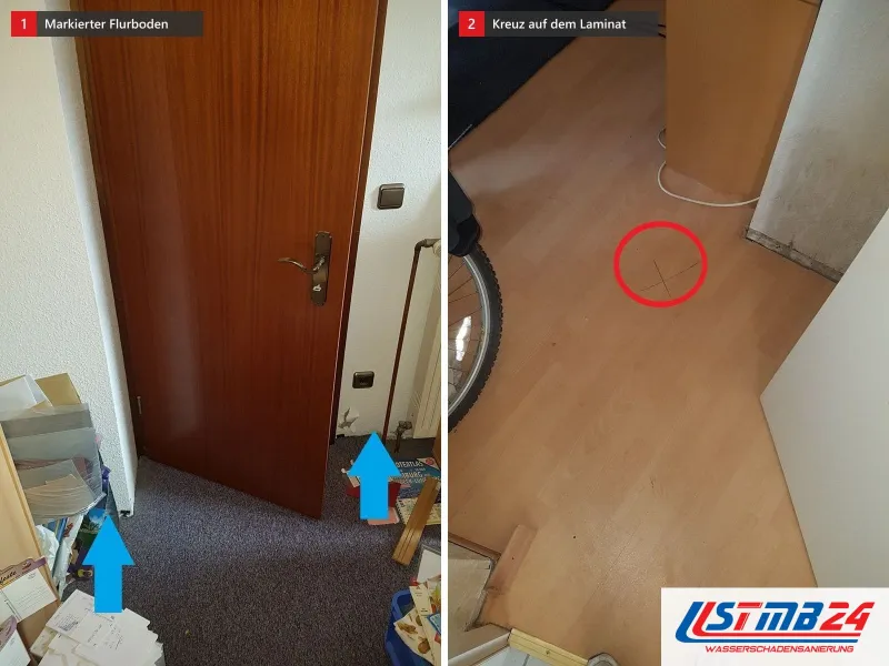 Zwei Ansichten: Flur vor einer Holztür mit blauen Pfeilen auf den Boden, daneben Laminat in Buchenoptik mit rot umkreistem Bleistiftkreuz