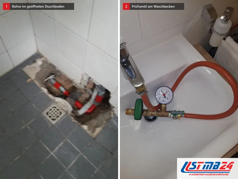Zwei Ansichten: geöffneter Duschboden mit roten Rohren, daneben Waschbecken mit Prüfventil und Schlauch