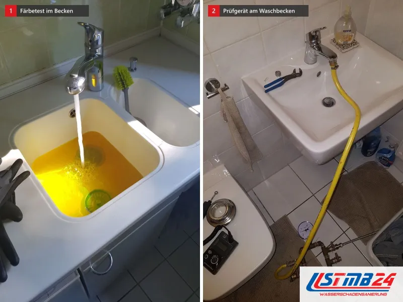 Zwei Ansichten: Becken mit gelb gefärbtem Wasser für den Färbetest, daneben kleines Waschbecken mit Schlauch und Prüfgerät am Boden