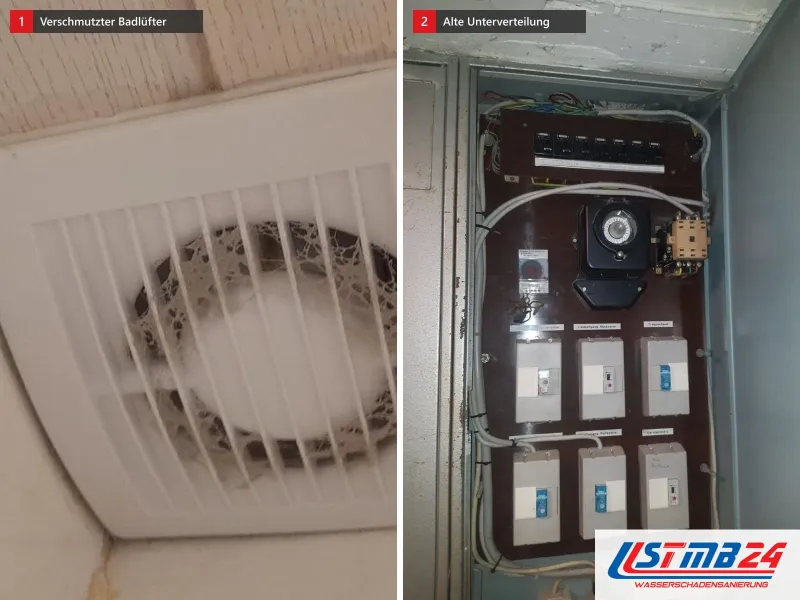 Zwei Ansichten: verschmutzter Badlüfter an einer Holzdecke mit roter Betriebsanzeige, daneben alte Unterverteilung im Stahlschrank mit Zeitschaltuhr