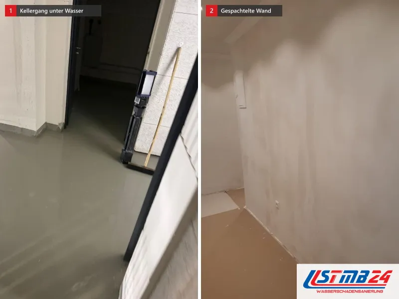 Zwei Ansichten: Kellergang unter Wasser mit Baustrahler auf dem Stativ, daneben frisch gespachtelte Wand mit hellen Bahnen und Abdeckpappe