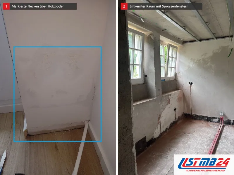 Zwei Ansichten: Wandfläche mit blau eingerahmten Flecken über einem Holzboden, daneben entkernter Raum mit Sprossenfenstern und roten Leitungen