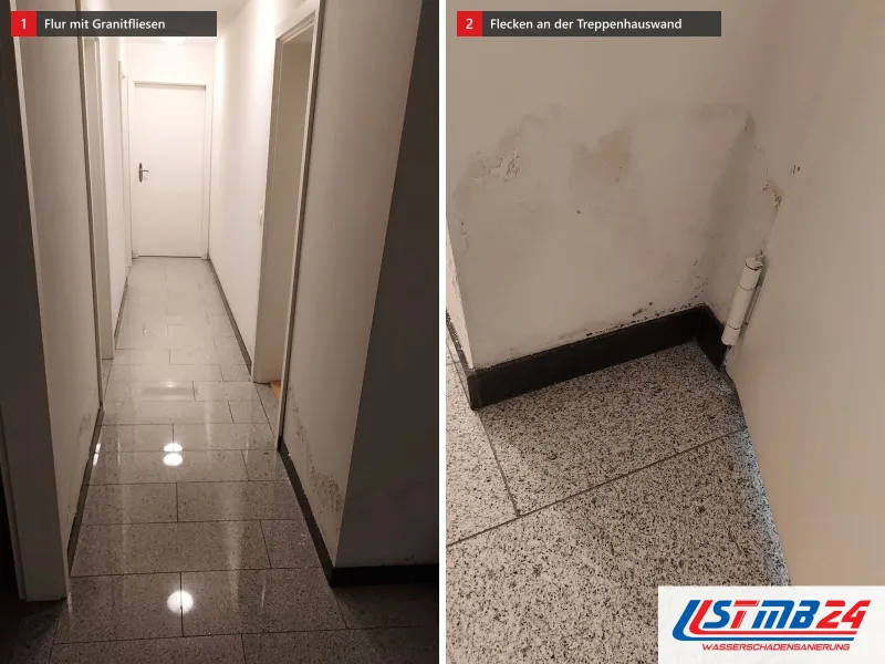 Zwei Ansichten: langer Flur mit Granitfliesen und weißen Türen, daneben Treppenhauswand mit gelblichen Flecken über dunkler Leiste