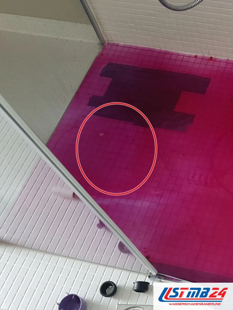 pink gefärbtes Wasser steht auf dem Mosaikboden, die Glastür ist geöffnet, ein roter Kreis markiert die Stelle