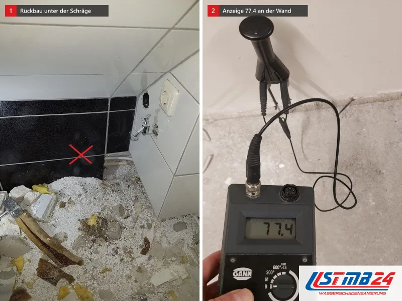 Zwei Ansichten: Rückbau unter einer Dachschräge mit Schutt und rotem Kreuz an der Fliesenwand, daneben Messgerät mit Anzeige 77,4 an einer Wand