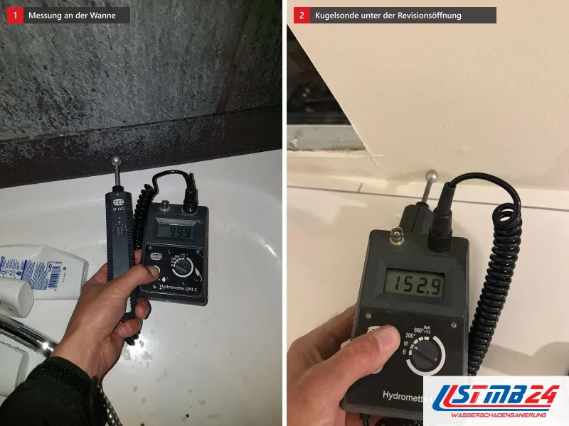 Zwei Ansichten: Messgerät an einer Badewanne vor dunklen Fliesen, daneben Kugelsonde an Fliesen unter einer offenen Revisionsöffnung mit Anzeige 152,9