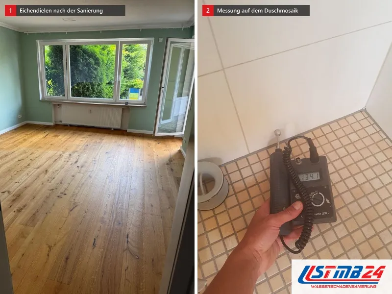 Zwei Ansichten: Landhausdielen aus Eiche in einem Wohnzimmer mit offener Balkontür, daneben Messgerät auf dem Mosaikboden einer Dusche