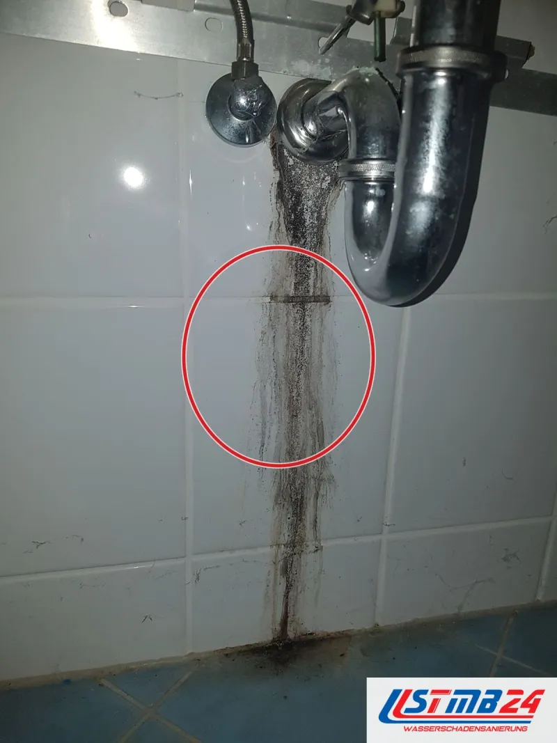 Schwarzer Belag zieht sich unter einem Siphon über weiße Wandfliesen, ein roter Kreis markiert die Stelle