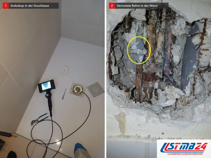 Zwei Ansichten: Videoendoskop mit Monitor in einer Duschtasse, das Kabel im Bodenablauf, daneben aufgestemmte Wand mit verrosteten Stahlrohren