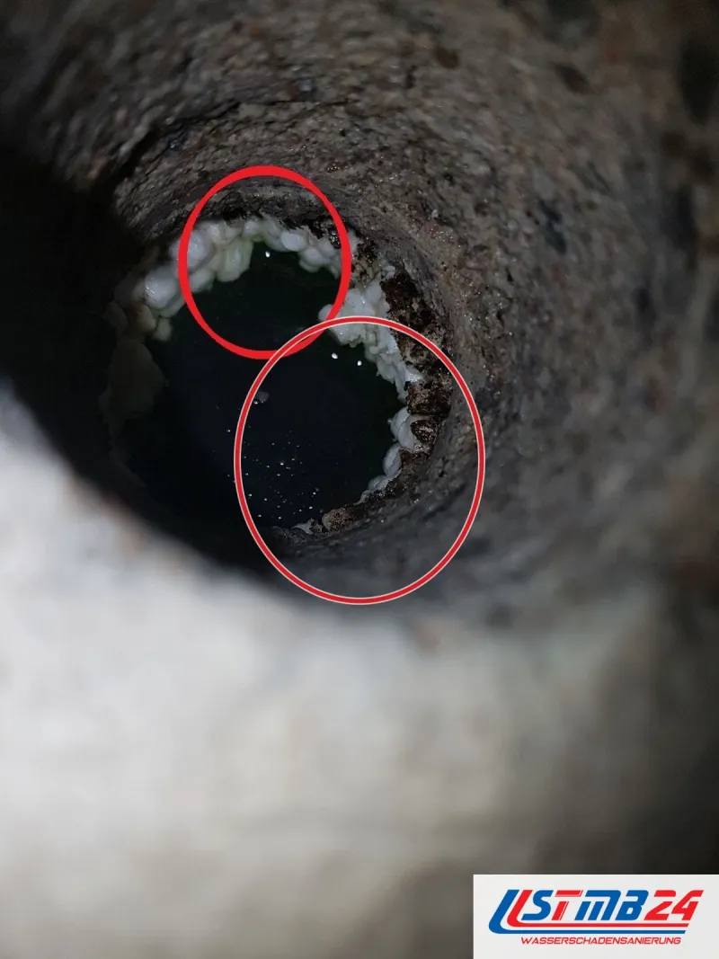 Blick in eine Bohrung, rot umkreist ein Wasserrand, ein roter Kreis markiert die Stelle