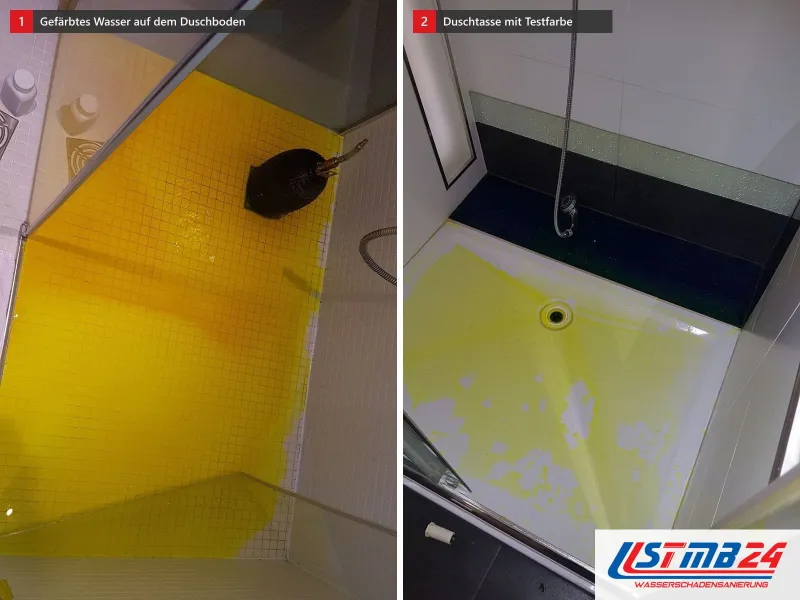 Zwei Ansichten: Duschboden mit gelb gefärbtem Wasser, daneben Duschtasse mit gelber Farbe für den Färbetest