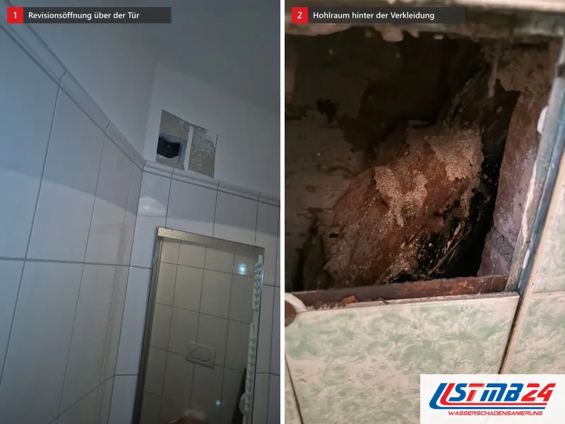 Zwei Ansichten: Revisionsöffnung in einer Fliesenwand über einer Tür, daneben geöffnete Verkleidung mit dunklem Hohlraum und Holz