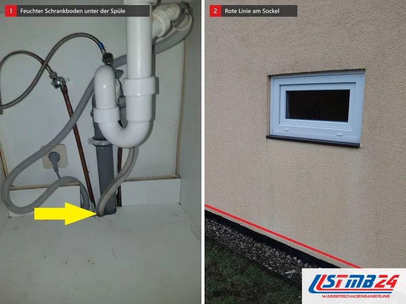 Zwei Ansichten: Spülenunterschrank mit Siphon und gelbem Pfeil auf die feuchte Stelle, daneben Hauswand mit Kellerfenstern und roter Linie am Sockel