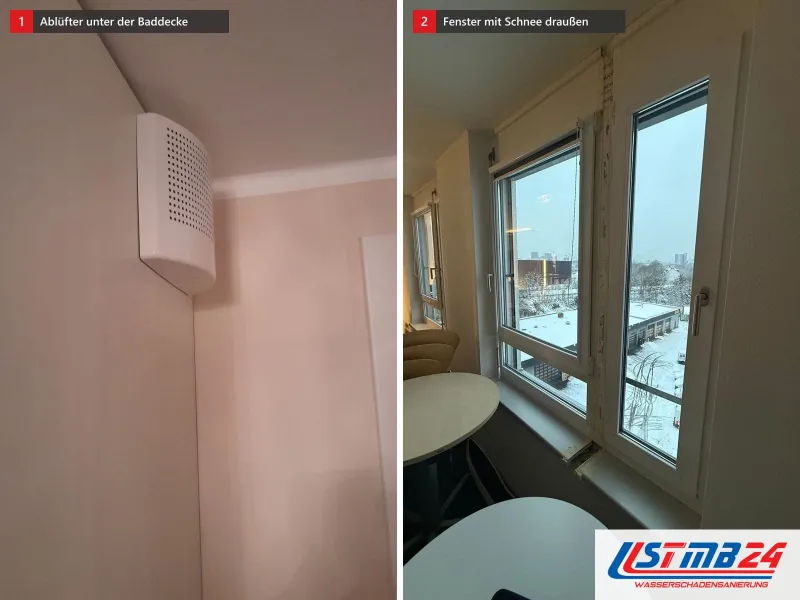 Zwei Ansichten: Badwand mit Ablüfter unter der Decke, daneben Raum mit Fenster und Tisch, draußen liegt Schnee