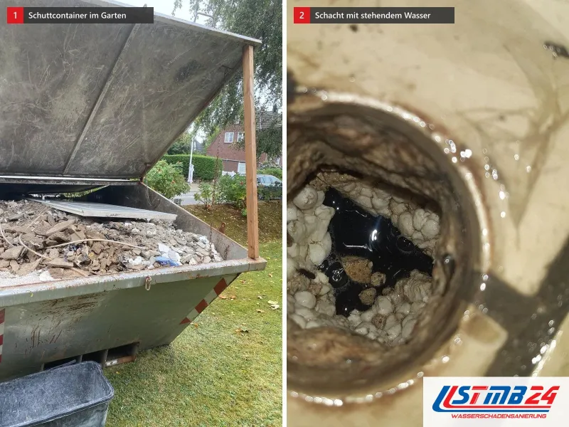 Zwei Ansichten: Container mit Bauschutt in einem Garten, daneben ein Schacht mit Kies, in dem Wasser steht
