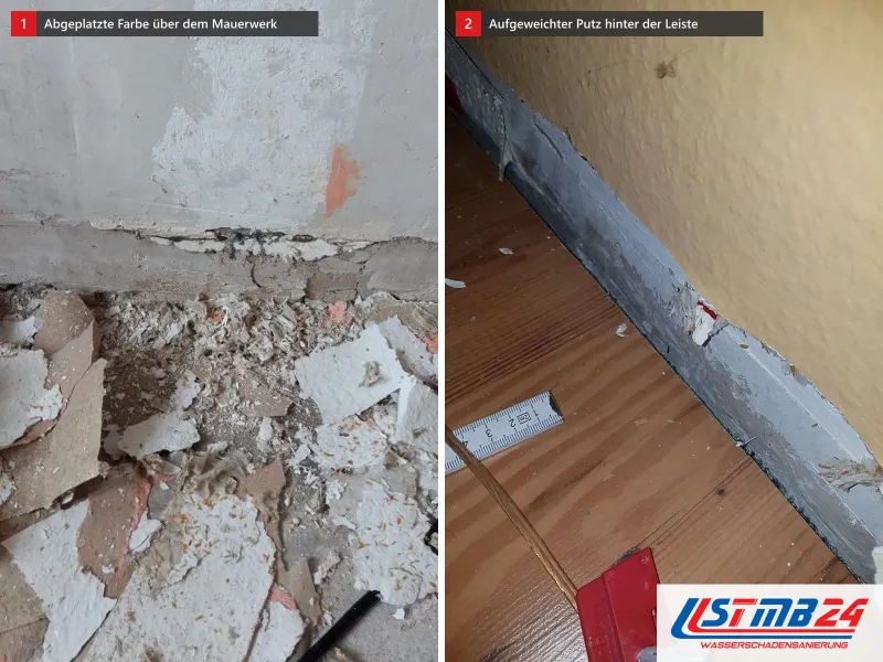 Zwei Ansichten: Wand mit abgeplatzter Farbe und freiem Mauerwerk, daneben Wandfuß ohne Sockelleiste mit aufgeweichtem Putz und Zollstock