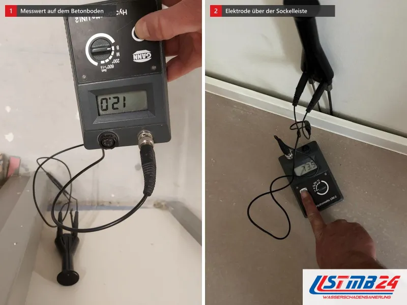 Zwei Ansichten: Feuchtemessgerät mit Wert 12,0 auf einem Betonboden, daneben Messgerät mit Elektrode an der Wand über der Sockelleiste