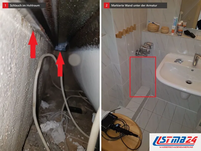 Zwei Ansichten: Hohlraum neben einer Badewanne mit roten Pfeilen auf einen Schlauch, daneben rot eingerahmte Fliesenwand und Endoskop auf einem Hocker