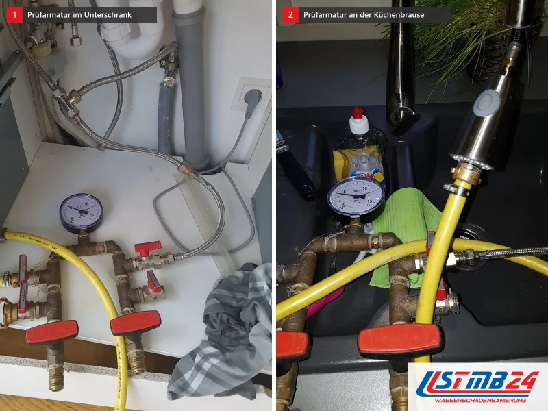 Zwei Ansichten: Spülenunterschrank mit Prüfarmatur und gelben Schläuchen, daneben Prüfarmatur mit Manometer an der Brause einer Küchenarmatur