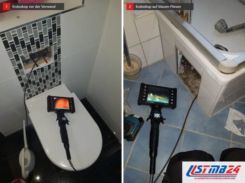Zwei Ansichten: Vorwand mit Mosaikstreifen und Endoskop auf dem WC, daneben Endoskop und Akkuschrauber auf blauen Bodenfliesen
