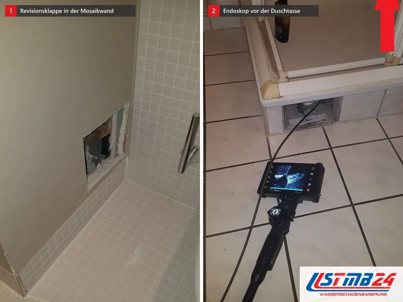 Zwei Ansichten: Dusche mit Mosaikfliesen und kleiner Revisionsklappe, daneben Duschtasse mit Endoskop und rotem Pfeil