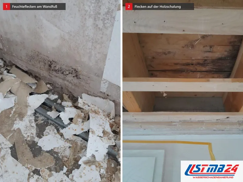 Zwei Ansichten: Wand mit dunklen Feuchteflecken unten und Putzbrocken am Boden, daneben Holzschalung mit dunklen Flecken über einer Tür