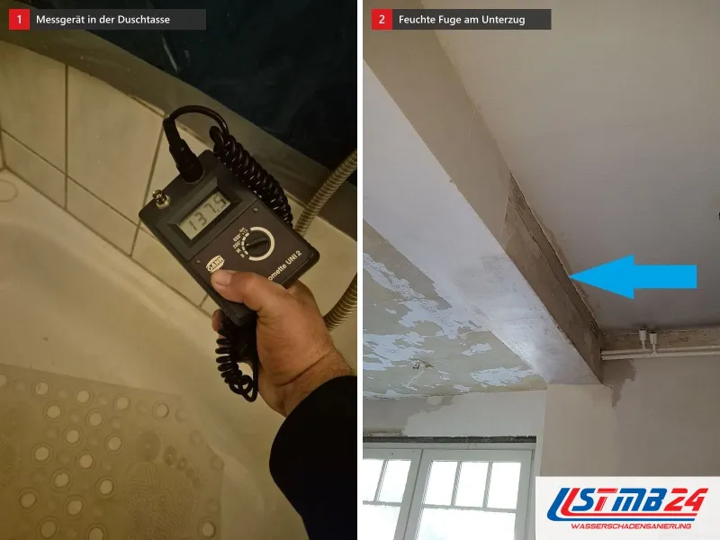 Zwei Ansichten: Messgerät in einer Duschtasse, daneben Zimmerdecke mit Unterzug und blauem Pfeil auf die feuchte Fuge über einem Sprossenfenster