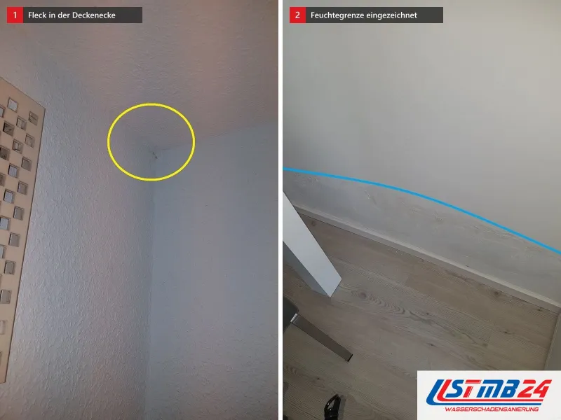 Zwei Ansichten: Raumecke, gelb umkreister Fleck an der Decke, daneben Helle Wand mit blauer Linie als eingezeichnete Feuchtegrenze