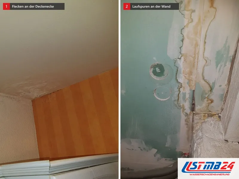 Zwei Ansichten: Deckenecke mit Wasserflecken über orange gestreifter Tapete, daneben Mintgrün gestrichene Wand mit braunen Laufspuren