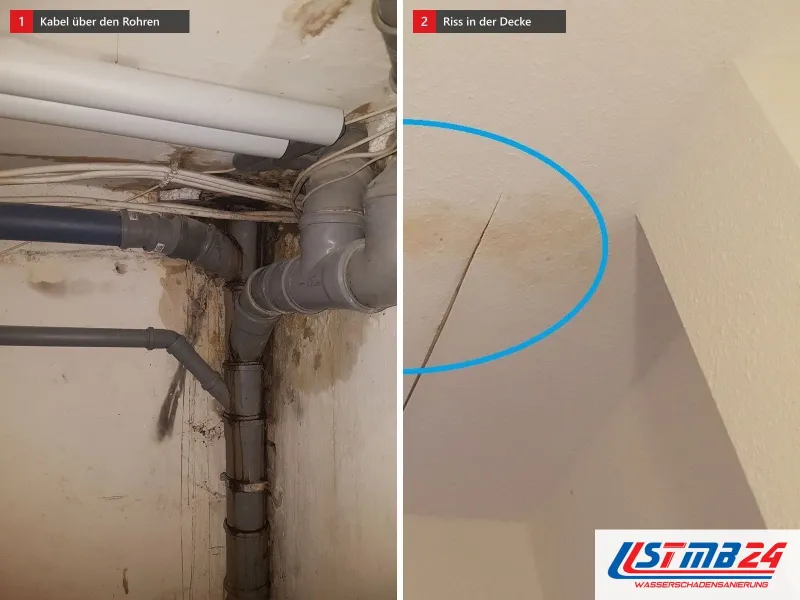 Zwei Ansichten: Kellerecke mit einem Bündel Stromkabel unter der Decke, daneben Helle Decke mit einem Riss und gelbbraunem Wasserrand