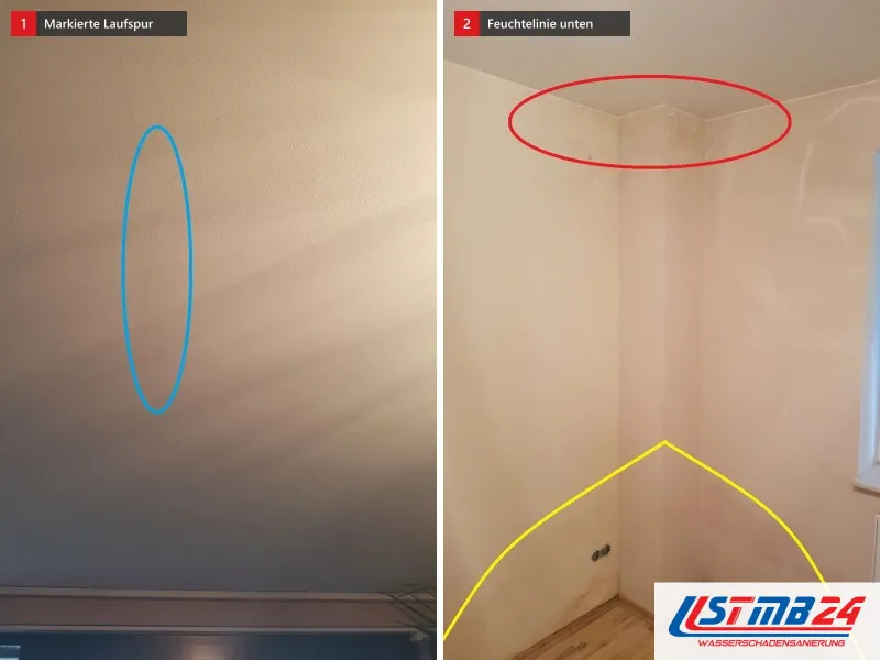 Zwei Ansichten: Wand mit blau markierter senkrechter Laufspur, daneben Raumecke mit Fenster, rot markierte Deckenkante