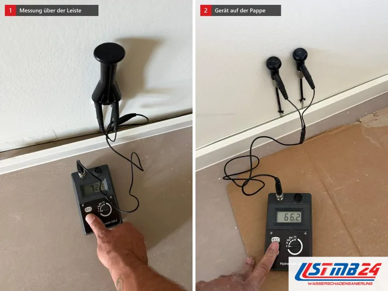 Zwei Ansichten: Messgerät mit zwei Elektroden an der Wand über der, daneben Messgerät auf Pappe über dem Estrich